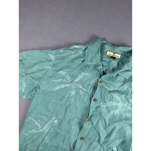 Tommy Bahama Mens Large 100% Silk Jacquard Palm Tree Camp Shirt Seafoam Green